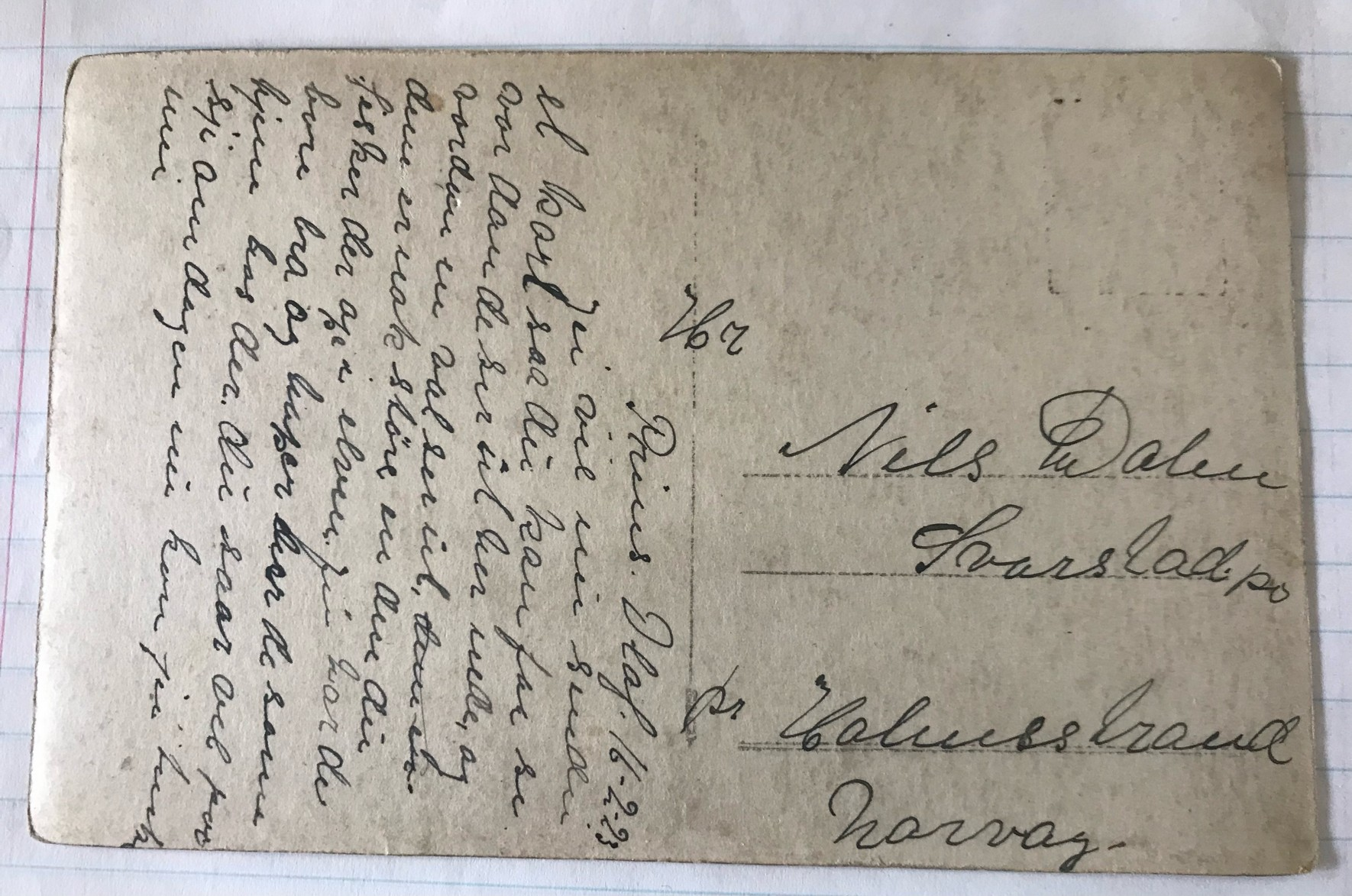 Reverse of postcard sent to Emil Hvaal’s cousin from South Georgia on 16 Feb 1923