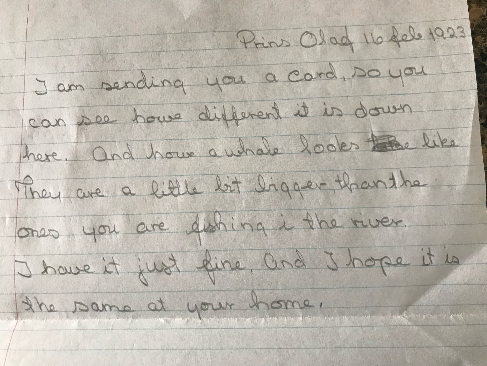 Translation of postcard sent to Emil Hvaal’s cousin from South Georgia on 16 Feb 1923